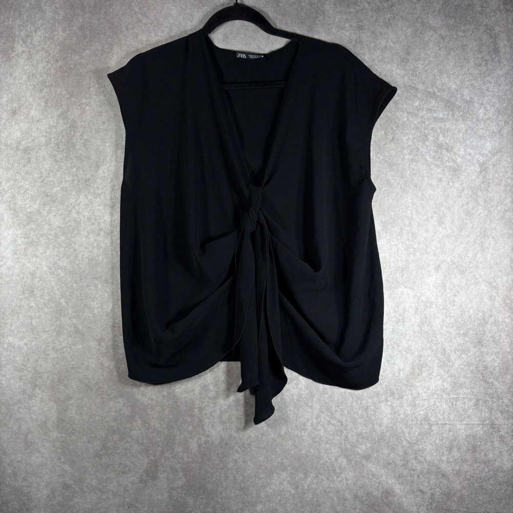 Zara Top Women Medium Black Front Tie Knot V Neck Sleeveless Blouse Chic Blouse